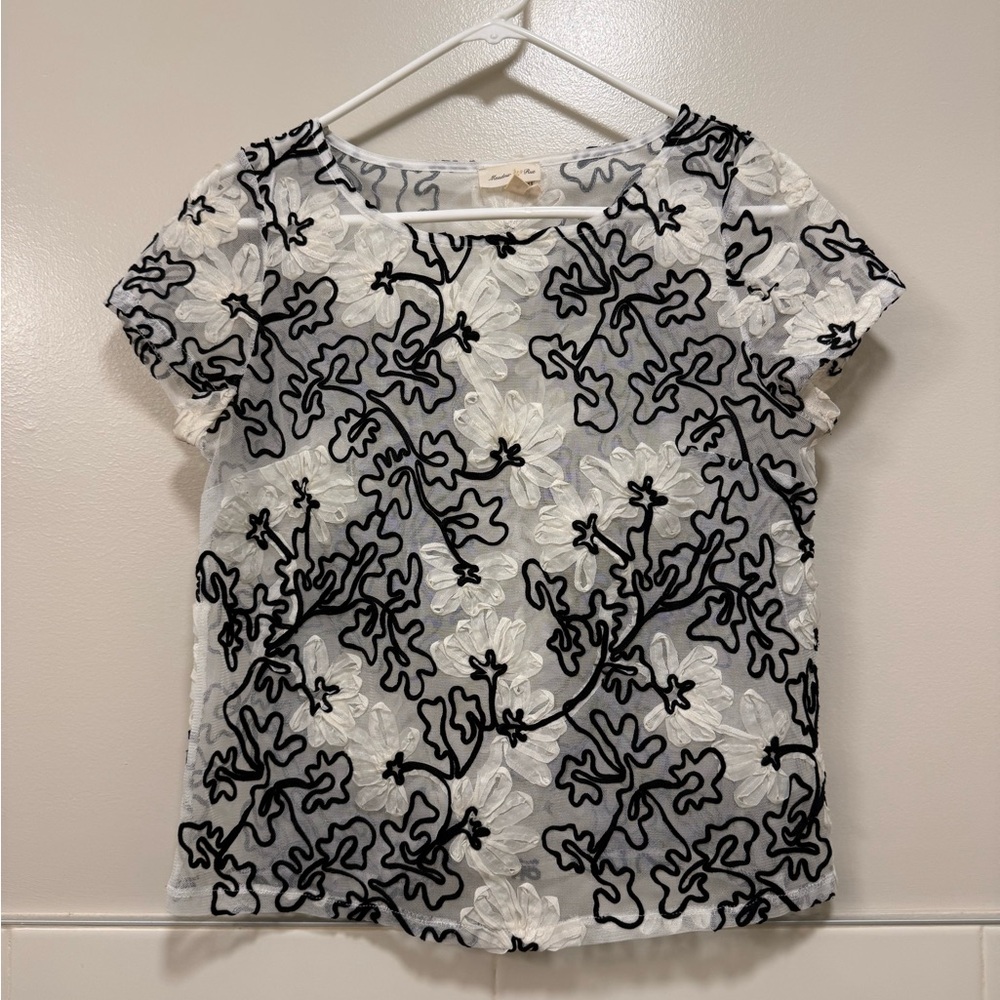 Anthropologie Meadow Rue Black and White Floral Sheer Blouse